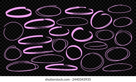 Pink hand drawn scribble ovals and circles for highlights text in a Y2K style. Set of geometric ellipses or borders for collages. Vector doodle of charcoal, chalk, marker, pencil frames.