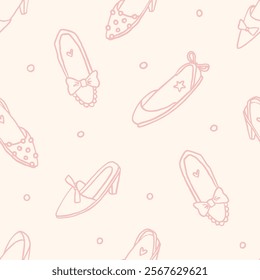 Pink hand drawn seamless pattern with cute woman shoes. Whimsical illustration of coquette style footwear silhouette. Vintage design, vector