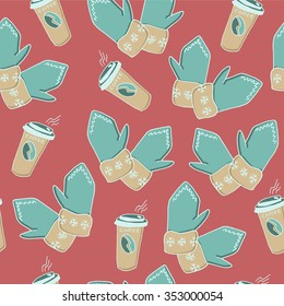 Pink hand drawn seamless pattern with mittens and coffee. Decorative vector ornamental background with winter treats. Can be used for textile design, bag template, packaging.
