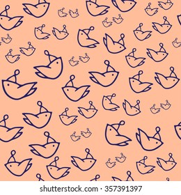 Pink hand drawn seamless pattern with cute little birds in winter hats. Decorative vector ornamental background. Can be used for textile design, bag template, packaging.