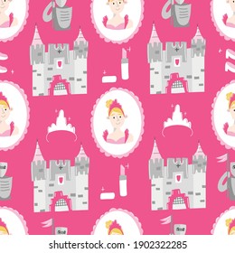 Pink Hand drawn seamless vector pattern for little princesses. Castles, crowns, and lipstick. Background for design, web site, textile, fabric, card and wrapping paper. Girl print.