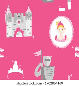 Patrón vectorial sin costuras dibujado a mano rosa para princesa pequeña, caballero, tiara. Fondo para el diseño, textil, tejido, tarjeta y papel envolvente. Huella de chicas.