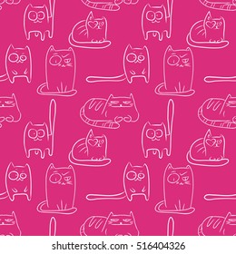 Pink hand drawn seamless vector pattern with sketches of funny cats.
