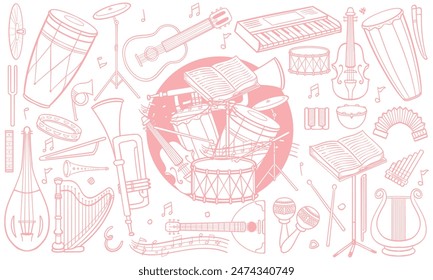 Pink hand drawn set of classic and jazz music instruments in doodle style isolated on white background.