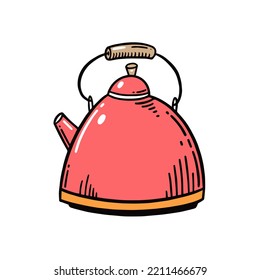 Pink Hand Drawn Tea Pot. Cartoon Style Vector Illustration Isolated On White Background.