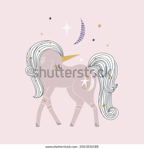 Pink hand drawn unicorn illustration with \
stars and moon. Vector\
Characters
