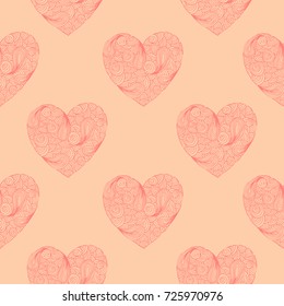 Pink Hand drawn Zentangle seamless pattern with Hearts. Use for cards, invitation, wallpapers, pattern fills, web pages elements and etc