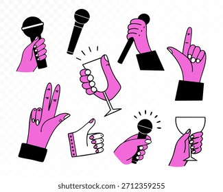 Conjunto de gestos y micrófonos de mano rosa con expresivos brindis de cóctel, símbolos de celebración, dedos señaladores e iconos de arte de línea dinámica para diseños temáticos de fiesta. Ilustración vectorial.