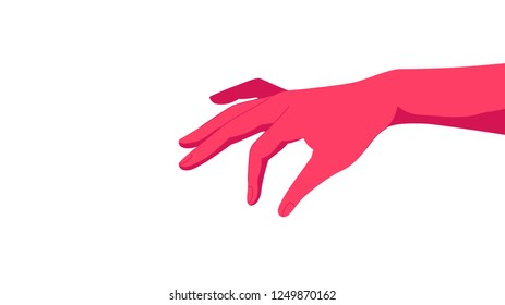 Pink hand holding a virtual object with your fingers on a white background. Vector illustration.