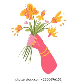 Pink hand holding yellow flowers. Greeting card design with uplifted happy mood. A print for special moments in close-knit community. Joyful vector illustration in bold minimalism style.