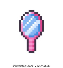 Espejo de la mano rosa aislado en fondo blanco. Icono de espejo de maquillaje. Elemento de juego. Diseño para pegatinas, aplicación móvil. Ilustración de arte de píxeles vectoriales en estilo y2k de 8 bits.