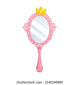 Pink hand mirror for little princess.Shiny oval vintage mirror with gold crowns in cartoon style.Fantasy drawn elements for baby girl birthday or party.Vector flat illustration