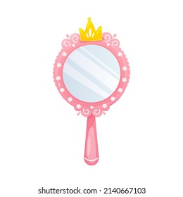 Pink hand mirror for little princess.Shiny round vintage mirror with gold crowns in cartoon style.Fantasy drawn elements for baby girl birthday or party.Vector flat illustration