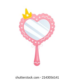 Pink hand mirror for little princess.Shiny heart shape mirror with gold crowns in cartoon style.Fantasy drawn elements for baby girl birthday or party.Vector flat illustration