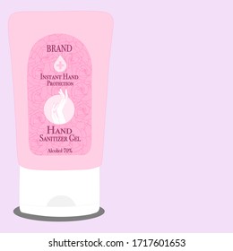 Pink Hand sanitizer tube with text on label in pink background. Rose design. Packaging design. Advertising of hand sanitizer. Hand disinfectant. Personal hygiene. Sanitizing container