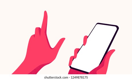 Pink hand touching mobile phone screen isolated on white, mock up smartphone blank screen easy adjustment with clipping path. Vector illustration.