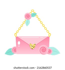 Pink Handbag Icon. Cartoon Illustration Of A Flap Clutch With Gold Chain Strap Decorated With Flowers. Fashionable Trendy Purse For Ladies. Vector 10 EPS.