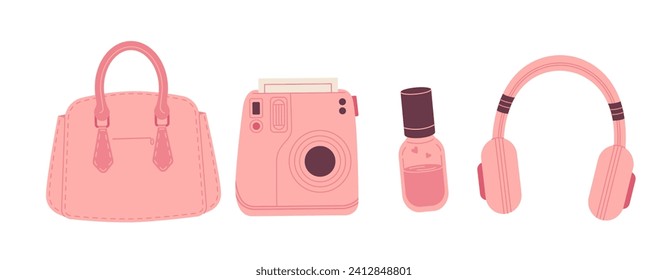 pink handbag, instant camera, wireless headphones, skin serum. Walking items set. Accessories collection