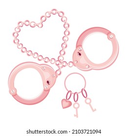 Pink handcuffs with a heart-shaped chain and keys. Handcuffs of love vector illustration