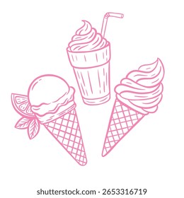 Sorvete e milkshake desenhados à mão, cor-de-rosa, em estilo vintage. Inclui cones, molho macio e bebida cremosa. Perfeito para designs de comida de verão, marca de sobremesa e embalagem de produtos doces