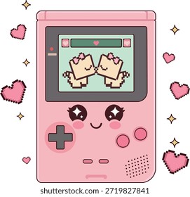 Dispositivo de juego de mano rosa que muestra corazones en la pantalla, completo con Botones, cara alegre y detalles vibrantes que recuerdan a las consolas clásicas de los años 90 y principios de los 2000. Los jugadores de la Generación Z adoran esta mezcla de juego retro e historias de amor modernas, especialmente en torno a los objetivos de pareja del Día de San Valentín. Ideal para tarjetas personalizadas que celebran sesiones compartidas, ropa de jugador, fundas protectoras, carteles de eventos, calcomanías de controladores, decoración de dormitorios, marca de deportes electrónicos y avatares digitales que muestran asociaciones a través del juego. La pantalla llena de corazón destaca la vinculación con los títulos favoritos, atrayendo a aquellos que crecieron con la cultura de los juegos portátiles y ahora aprecian su regreso emocional.