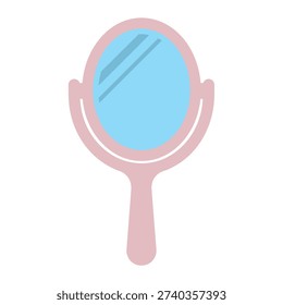 A pink handheld mirror with a blue reflective surface and handle