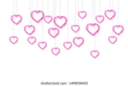 Pink handing shiny glitter glowing heart isolated on white background. Valentines Day background. Vector illustration.