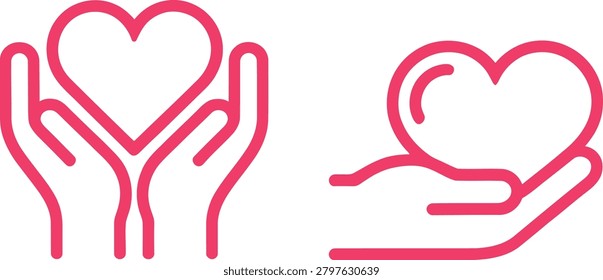 Pink hands holding heart shape icon with ribbon and gift box
