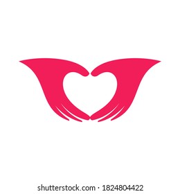 Pink hands in shape of heart icon, palms showing heart logo, love and romantic relationships symbol, sign of recognition of love or appreciation through gesture. Isolated flat vector illustration