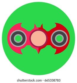 Pink hand-spinner in the form of a bat. Icon a flat style. Vector image on a round light green background. Element of design, interface.