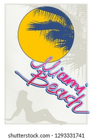 pink handwritten "Miami beach" in the 80s. Sunbathing girl. silhouette of a palm tree against the yellow sun. grey wavy background