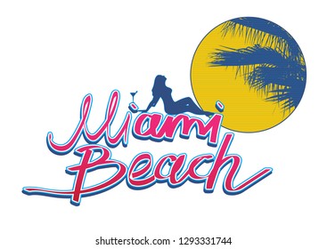 pink handwritten " Miami beach." Sunbathing girl drinking a cocktail. silhouette of a palm tree against the yellow sun. isolated on white background