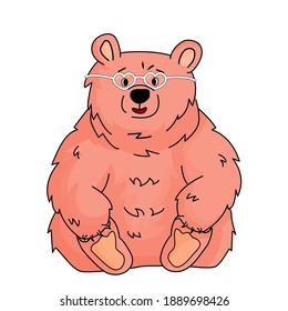 Pink happy bear grizzly sits and holds his paws. White heart glasses for Valentines Day Party are on his face. Isolated animal is on white background