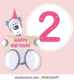 Pink happy birthday card. 2d anniversary card with cute teddy bear