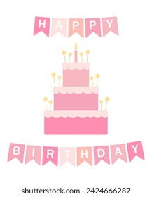 Pink happy birthday card with three tier cake