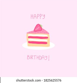 Pink Happy Birthday Card. Vector Cup Cake Strawberry.