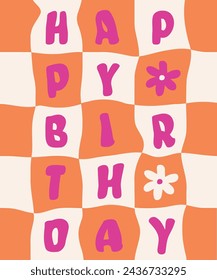 Pink happy birthday text on a background of orange and beige squares, Story template, banner, greeting card and invitation