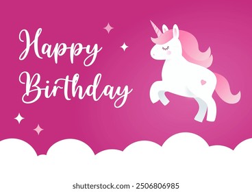 Pink Happy Birthday Vector Background with a Unicorn and Clouds