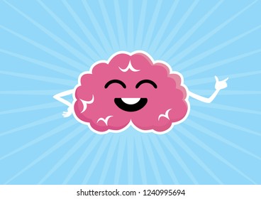 Pink happy brain vector illustration. Brain cartoon character. Cheerful mind vector illustration. Happy brain icon