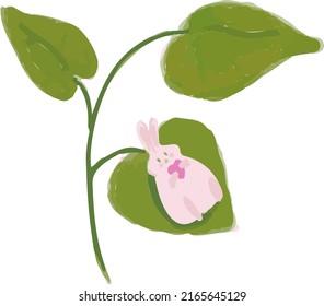 Pink happy bunny resting on a leaf. Kids book illustration. Fairy tale