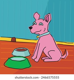 A pink happy Dog on Quirk-Pilled drawing style over the floor with food and water.