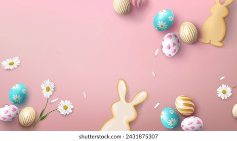 Pink Happy Easter background. Vector banner with Easter eggs, cookies in the form of Easter bunnies and spring flowers for the design of cards, posters, prints, invitations, covers.