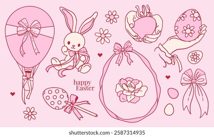 Pink Happy Easter set with cute rabbits, eggs, balloon, sweets decorated with bow and daisy. Trendy vintage coquette contour vector illustration isolated on background, hand drawn, flat design