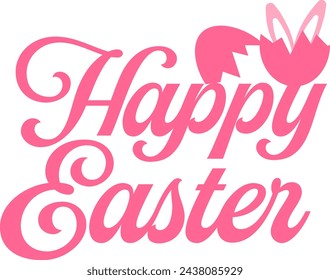 Pink Happy Easter typographic design with a handwriting text, a cracked egg and bunny ears.