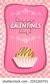 Pink Happy Galentines day greeting card. White chocolate candy. Stock vector illustration in cartoon style.