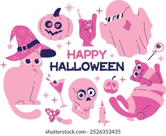 Pink Happy Halloween phrase with cute design elements