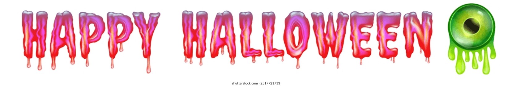 Pink Happy halloween text with liquid green slime and zombie green eye isolated on white background. Wide pink happy halloween banner, poster, flyer and poster with melting text and monster eyeball