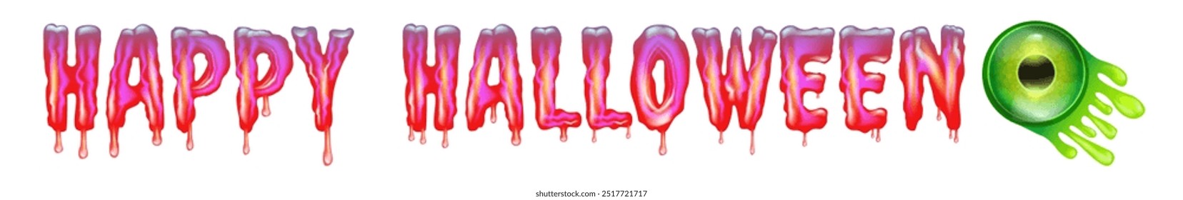 Pink Happy halloween text with liquid green slime and zombie green eye isolated on white background. Wide pink happy halloween banner, poster, flyer and poster with melting text and monster eyeball