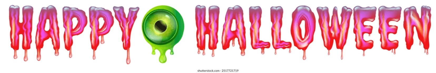 Pink Happy halloween text with liquid green slime and zombie green eye isolated on white background. Wide pink happy halloween banner, poster, flyer and poster with melting text and monster eyeball