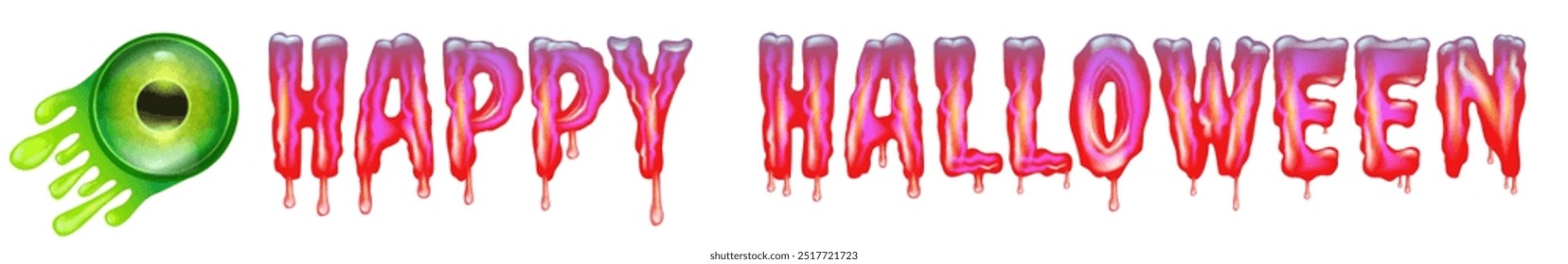 Pink Happy halloween text with liquid green slime and zombie green eye isolated on white background. Wide pink happy halloween banner, poster, flyer and poster with melting text and monster eyeball